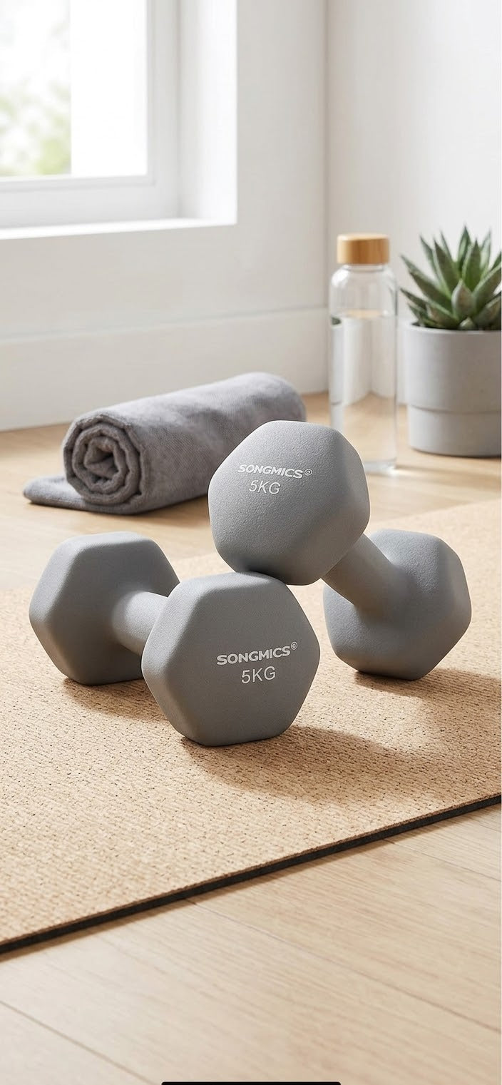 SONGMICS Kurzhanteln 2er-Set (2 x 5 kg) – Hexagonale Hanteln mit Neoprenbeschichtung für Home-Gym & Krafttraining, Grau
