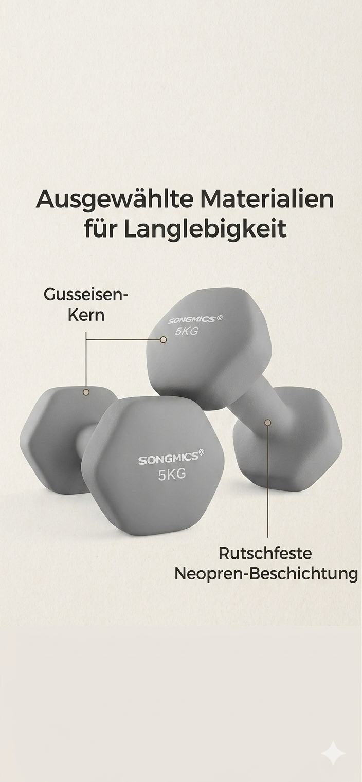 SONGMICS Kurzhanteln 2er-Set (2 x 5 kg) – Hexagonale Hanteln mit Neoprenbeschichtung für Home-Gym & Krafttraining, Grau