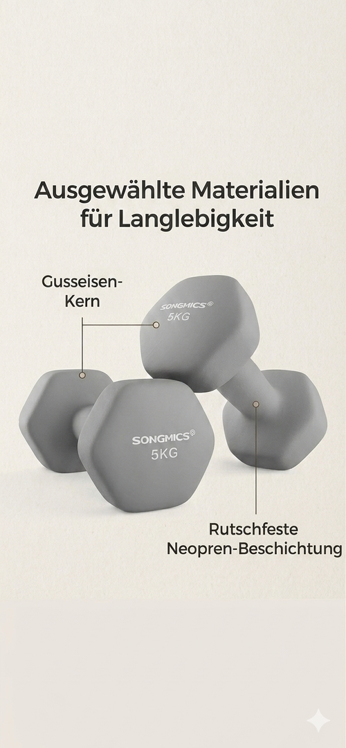 SONGMICS Kurzhanteln 2er-Set (2 x 5 kg) – Hexagonale Hanteln mit Neoprenbeschichtung für Home-Gym & Krafttraining, Grau